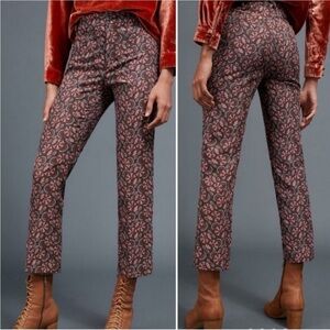 Anthropologie Essential Slim Brown Motif Jacquard Pants. High Rise. Size US 14.